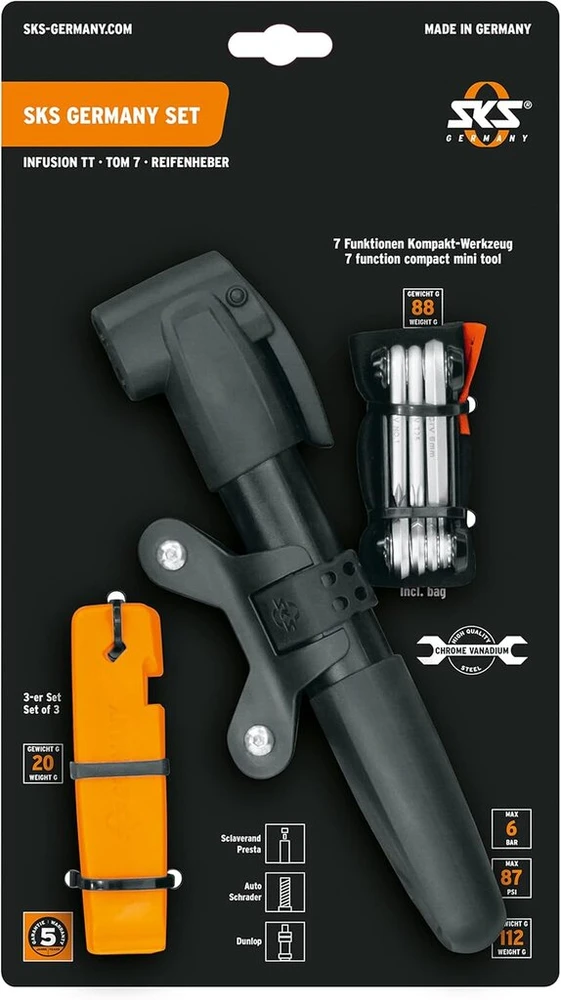 Sks Germany 3 dalių dviračio priedų rinkinys, susidedantis iš padangų montavimo svirties, mini oro pompos ir įrankių multitool, mažas pagalbininkas kalnų dviračių turui, mėlynas