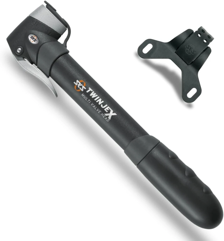Sks Germany Twinjex Mini pompa (oro pompa visų tipų ventiliams, ergonomiška rankena, perjungiamas aukšto slėgio lygis, su pompos laikikliu, pagaminta Vokietijoje, maks. slėgis: 10 bar / 144 Psi)