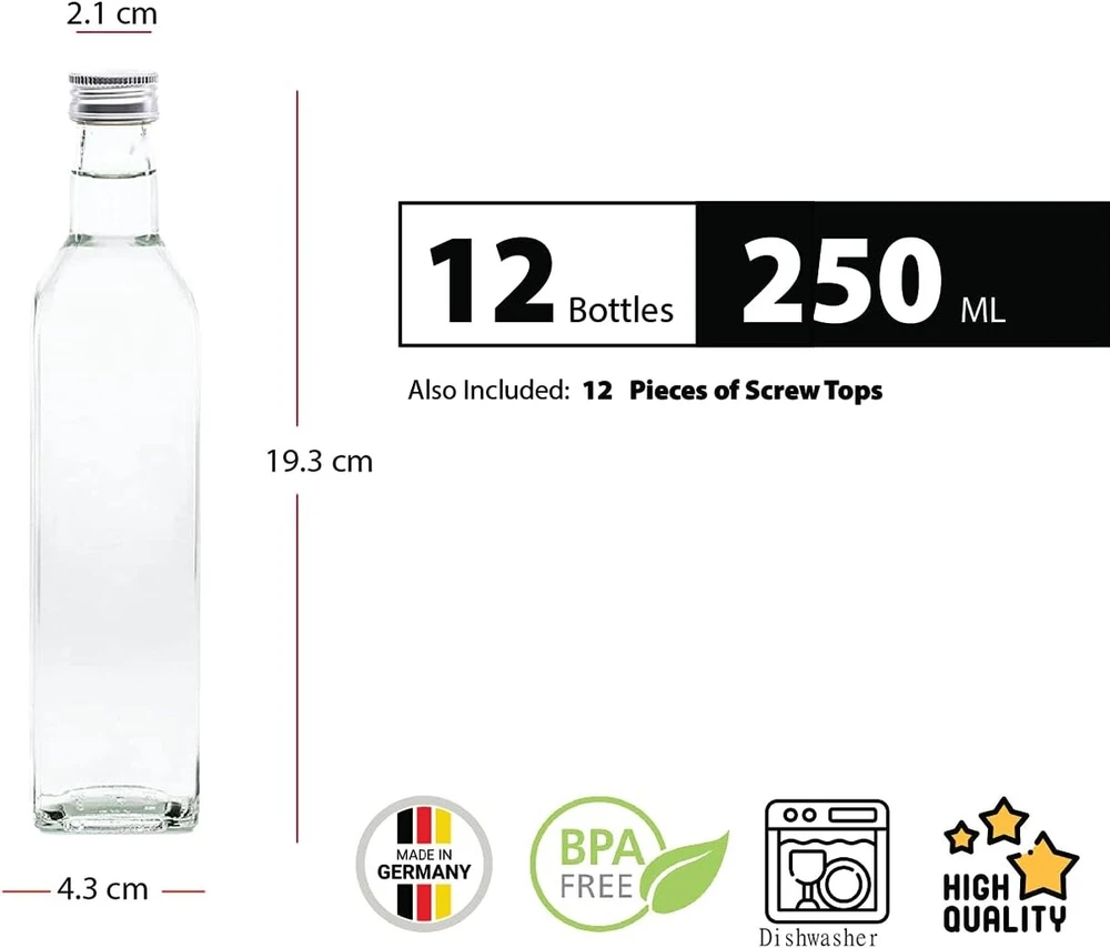 Slkfactory 12 tuščių stiklinių butelių 250 ml mar buteliai su dangteliais mažiems alkoholiniams gėrimams, šnapso buteliai, stiklinis sulčių butelis daugkartinio naudojimo nr. 200