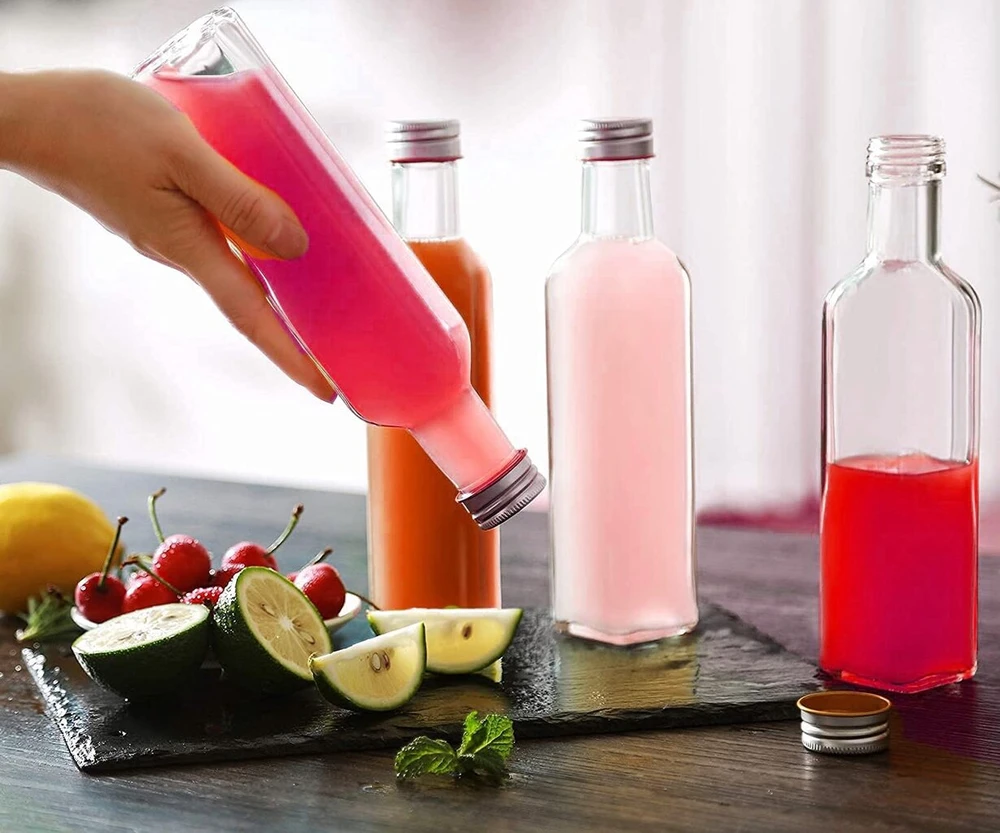 Slkfactory 12 tuščių stiklinių butelių 250 ml mar buteliai su dangteliais mažiems alkoholiniams gėrimams, šnapso buteliai, stiklinis sulčių butelis daugkartinio naudojimo nr. 200