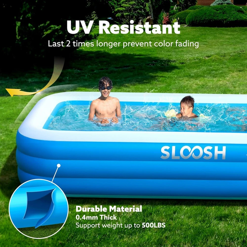 Sloosh pripučiamas baseinas su sėdynėmis, 305 x 183 x 56 cm, sustiprintas antžeminis baseinas šeimoms, irklavimo baseinas vasaros vandens vakarėliams sode, kieme ar vejoje, mėlynas