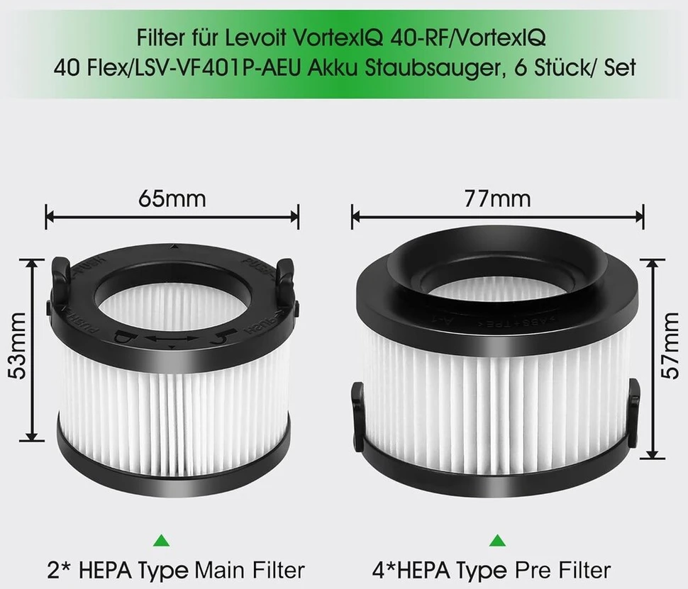 Smilefil Vortexiq 40 filtras, skirtas Levoit Vortexiq 40-rf/vortexiq 40 Flex/lsv-vf401p-aeu akumuliatoriniam dulkių siurbliui, 2 hepa filtrai, pagrindiniai filtrai su 4 išankstiniais filtrais, 6 vnt.