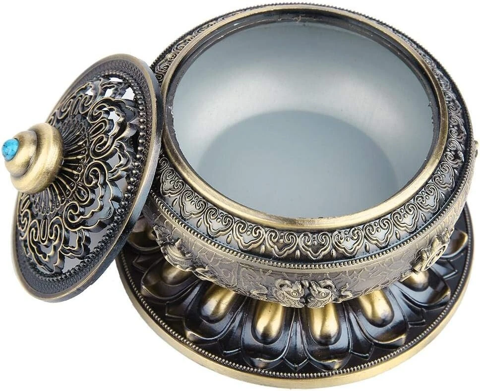 Smilkalų degiklis Tibet Lotus Pattern, aliuminio lydinys - meniškai išraižytas degiklio konteineris (bronze)