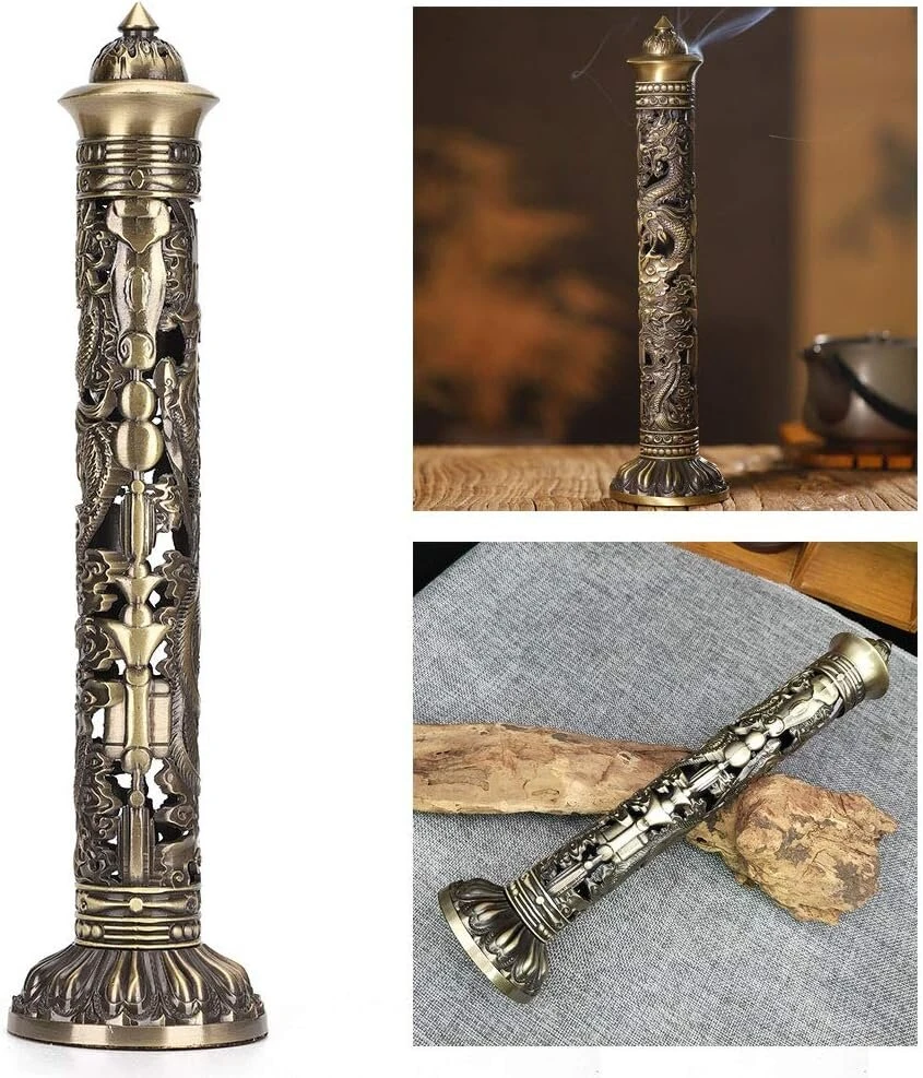 Smilkalų degiklis vertikalus 8,5 x 7 cm bronzos spalvos drakono fenikso reljefas amatų ornamentams arbatos kambario dekoravimui budistinis
