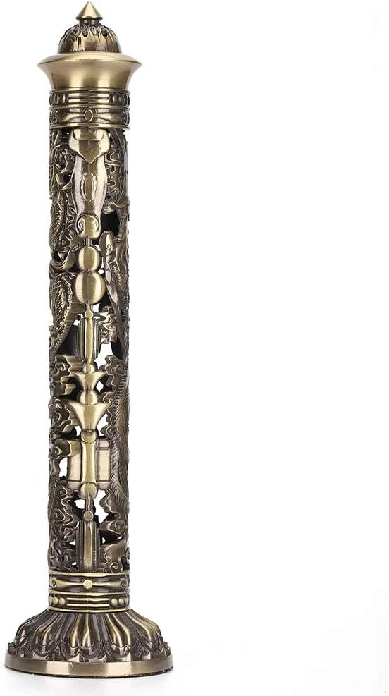 Smilkalų degiklis vertikalus 8,5 x 7 cm bronzos spalvos drakono fenikso reljefas amatų ornamentams arbatos kambario dekoravimui budistinis