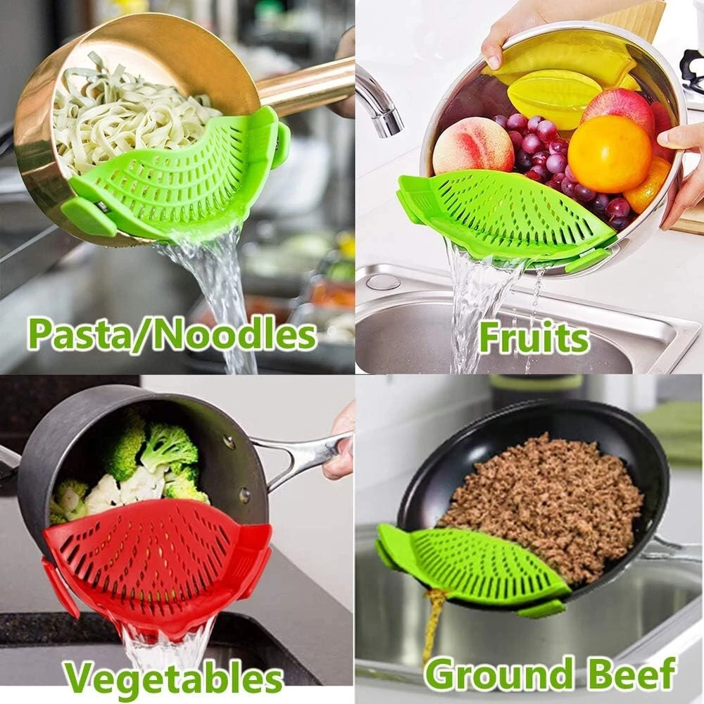 Snap Strainer 2 vnt. silikoninis maisto koštuvas, atsparus karščiui, užsegamas koštuvas ryžiams, makaronams, spagečiams, maltai jautienai, universalus, tinka visiems puodams ir dubenims