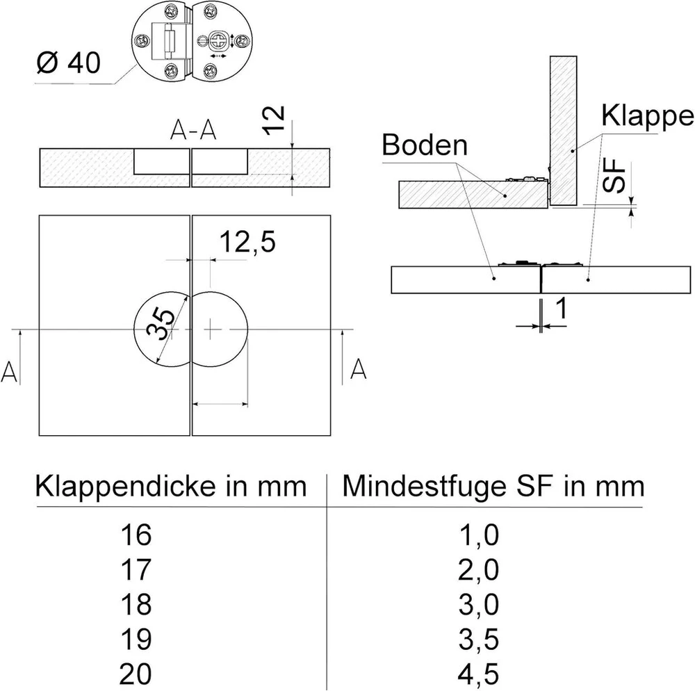 So-tech® 2 x atlenkiamas lankstas 3d reguliuojamas atlenkiamas furnitūros komplektas mediniams atvartams, gręžimo skersmuo 35 mm, gręžimo gylis 12 mm, baldų lankstas prisukamas, atvarto laikiklis