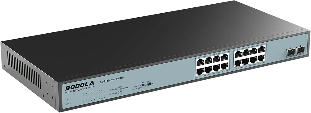 Sodola Nep valdomas ethernet komutatorius su 16 x 2.5gbase-t prievadais, 2 x 10g Sfp, 120gbps perjungimo sparta, prievadų izoliacija, Ie montuojamas į stelažą, be ventiliatoriaus, Plug & Play Multi-gig
