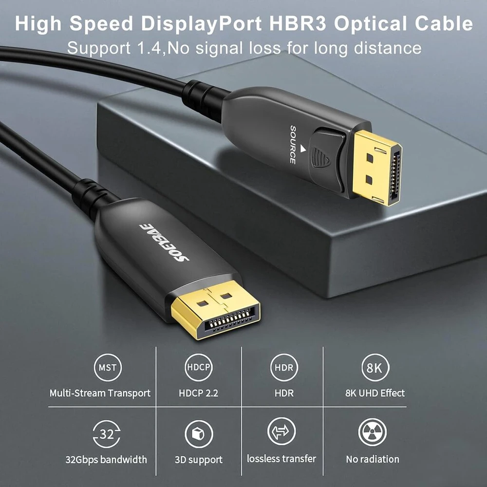 Soeybae Displayport 1.4 kabelis 8k @ 60hz 4k @ 144hz optinio pluošto kabelis 50 m, 32.4 Gbps Ultra Hd monitoriaus kabelis su Hdr10, 8k Displayport kabelis žaidimų kompiuteriui, namų kinui, optinio pluošto technologija