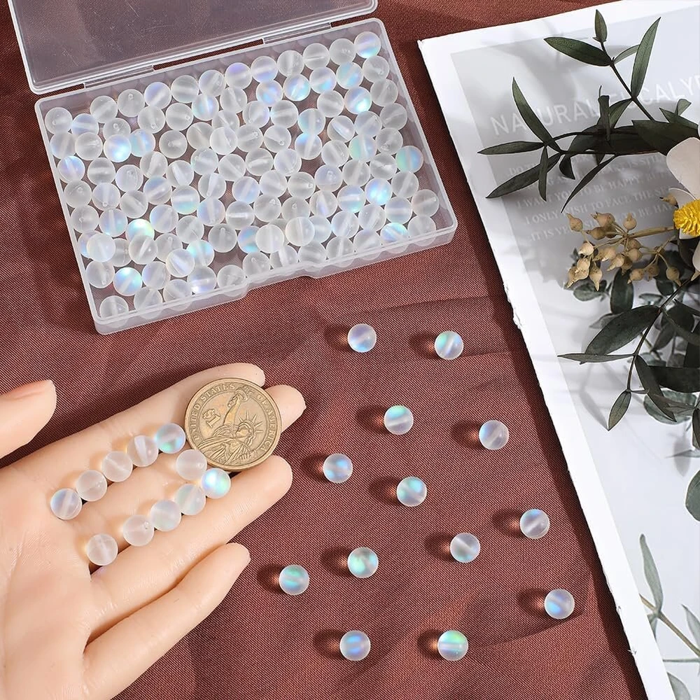 Sofplate 1 dėžutė su 150 mėnulio akmens stiklo karoliukų, didelis paketas matinių karoliukų, 8 mm apvalūs skaidrūs permatomi aurora kristalų dažyti rutuliukai, matiniai tarpikliai, palaidi karoliukai papuošalų gamybai, apyrankėms H