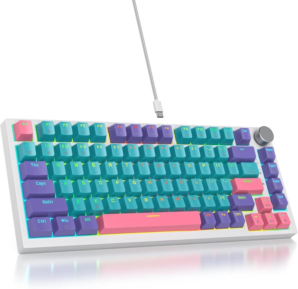 Solidee Laidinė mechaninė žaidimų klaviatūra 75%, karšto keitimo mechaninė klaviatūra su tarpikliu, Rgb apšvietimas, Qwerty 82 klavišų Tkl žaidimų klaviatūra, Nkro klaviatūra su pasukamuoju reguliatoriumi (82 Jokers/red Switch)