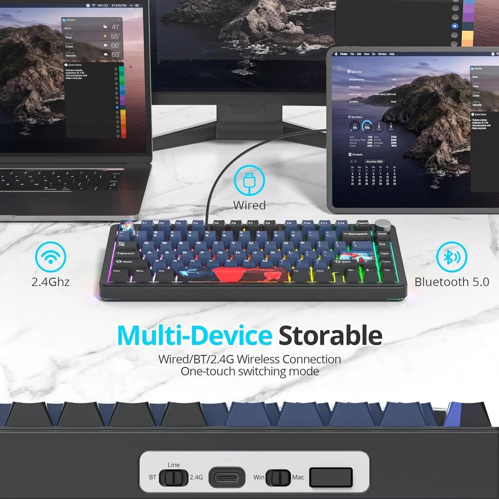 Solidee mechaninė žaidimų klaviatūra 75% su mygtuku, bluetooth 5.0/2.4ghz/usb-c gasket mount klaviatūra, hot-swappable mechaninė klaviatūra su south facing rgb apšvietimu (deep sea)