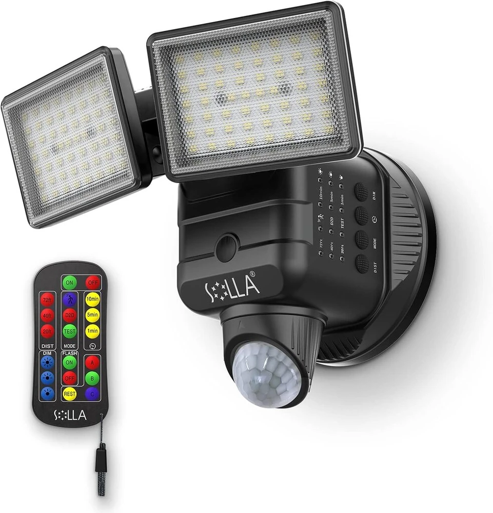 Solla Led prožektorius su judesio davikliu, 3000 lm, itin ryškus lauko prožektorius, ip65 atsparus vandeniui apsaugos žibintas, 5000 k, 2 galvučių prožektorius, skirtas garažui, sodui, verandai, įvažiavimui, juodas