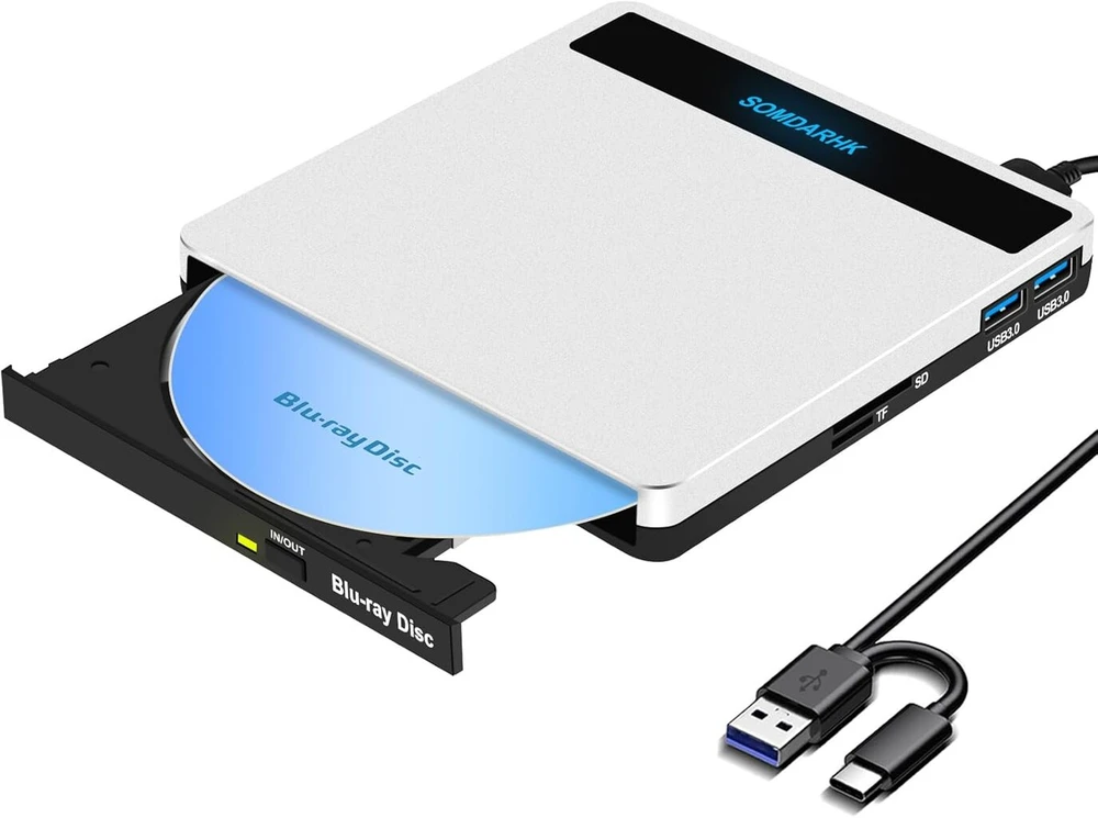 Somdarhk išorinis blu ray įrenginys: usb 3.0 type-c bluray išorinis įrenginys su sd/tf lizdu ir 2 usb prievadais - nešiojamas blu-ray degiklis, aliuminio lydinys, suderinamas su nešiojamuoju kompiuteriu pc mac windows (sidabrinis)