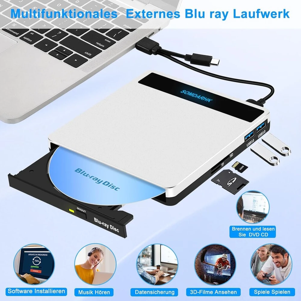 Somdarhk išorinis blu ray įrenginys: usb 3.0 type-c bluray išorinis įrenginys su sd/tf lizdu ir 2 usb prievadais - nešiojamas blu-ray degiklis, aliuminio lydinys, suderinamas su nešiojamuoju kompiuteriu pc mac windows (sidabrinis)