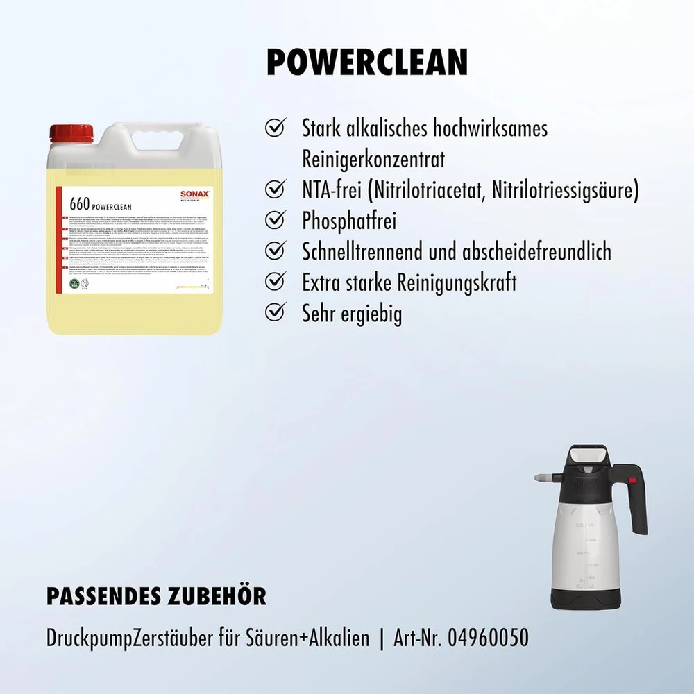 Sonax Powerclean (10 litrų) labai efektyvus valiklio koncentratas išankstiniam valymui automobilių plovyklose ir savitarnos plovimo zonose. Taip pat skirtas žemės ūkio ir statybos technikos valymui, prekės nr.