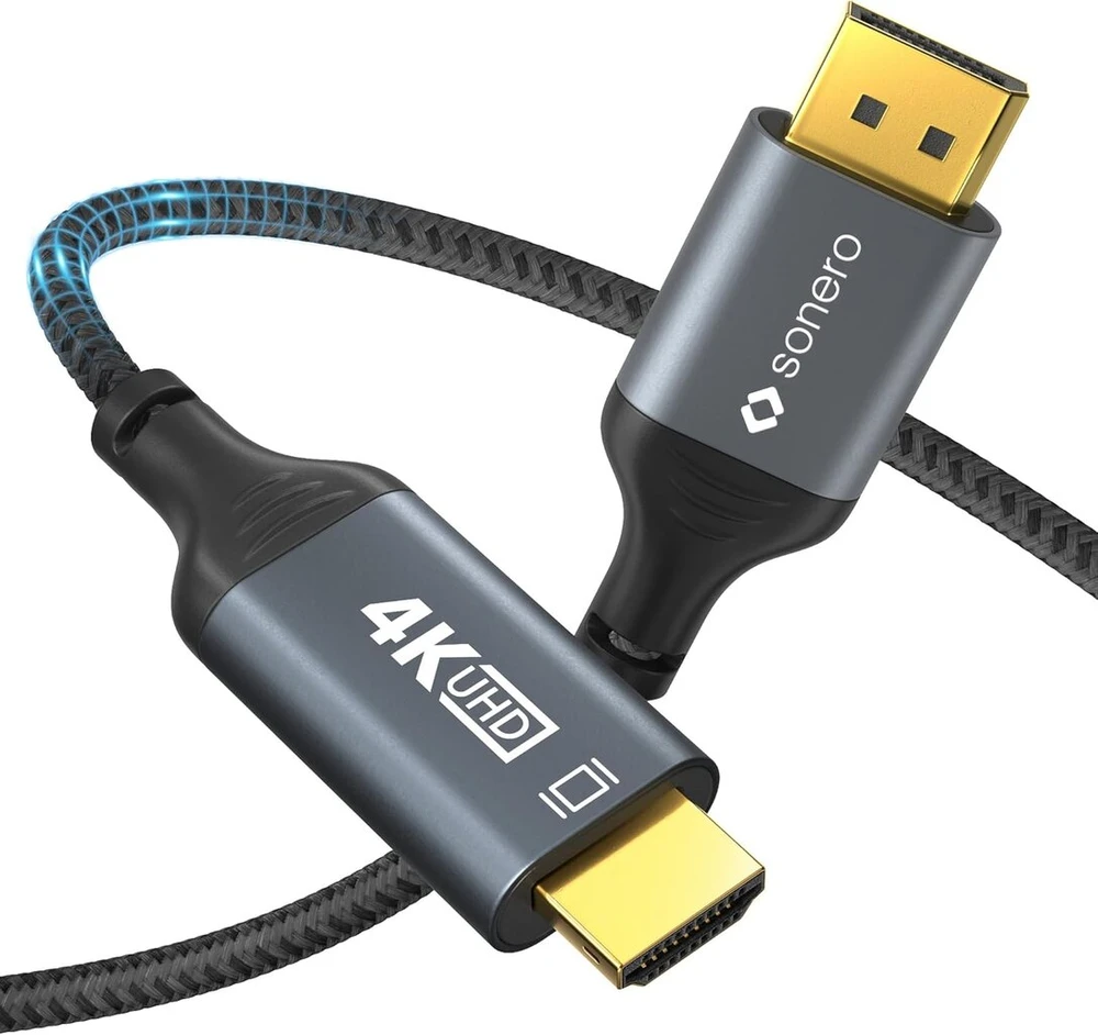 Sonero® 4k Displayport 1.2 į Hdmi 2.0 kabelis, Displayport kištukas į Hdmi kištuką, 4k 60hz, 2k 120hz, medvilninis apvalkalas, pilka/juoda, 1,00 metrai