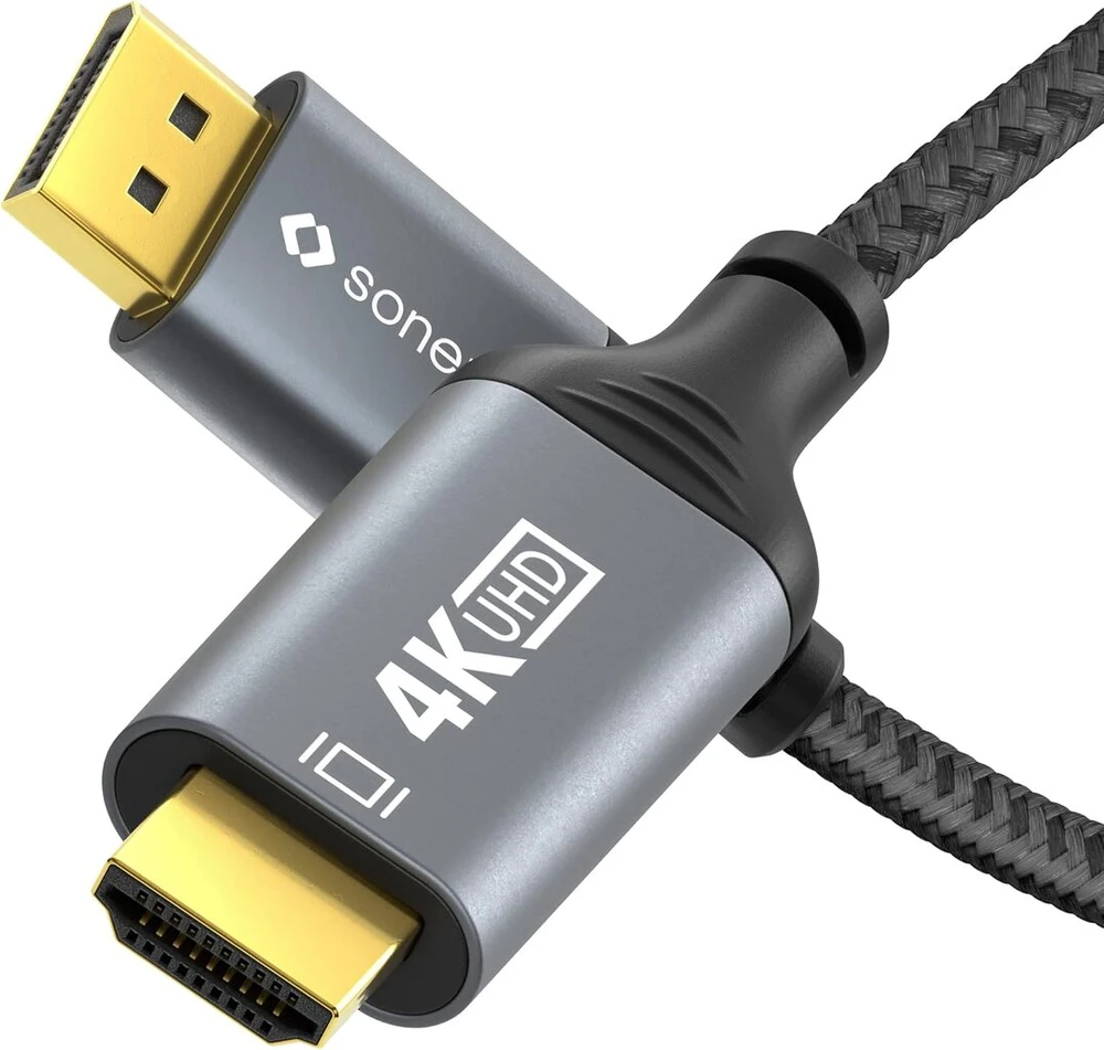Sonero® 4k Displayport 1.2 į Hdmi 2.0 kabelis, Displayport kištukas į Hdmi kištuką, 4k 60hz, 2k 120hz, medvilninis apvalkalas, pilka/juoda, 1,00 metrai