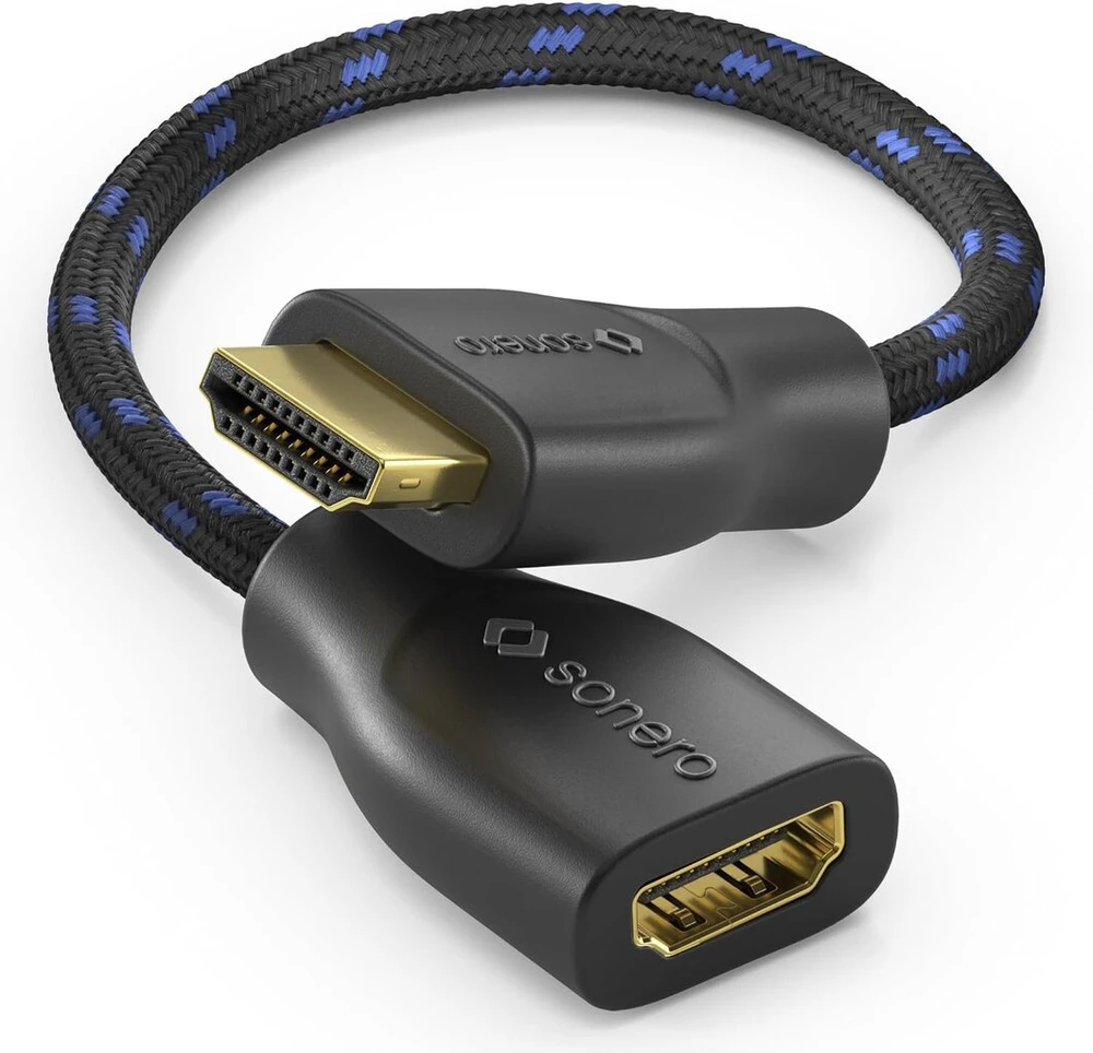 Sonero® 4k hdmi portsaver adapteris, premium high speed, hdmi a kištukas į hdmi a lizdą, paauksuoti kontaktai, dvigubas ekranavimas, medvilninis apvalkalas, 0,15 m