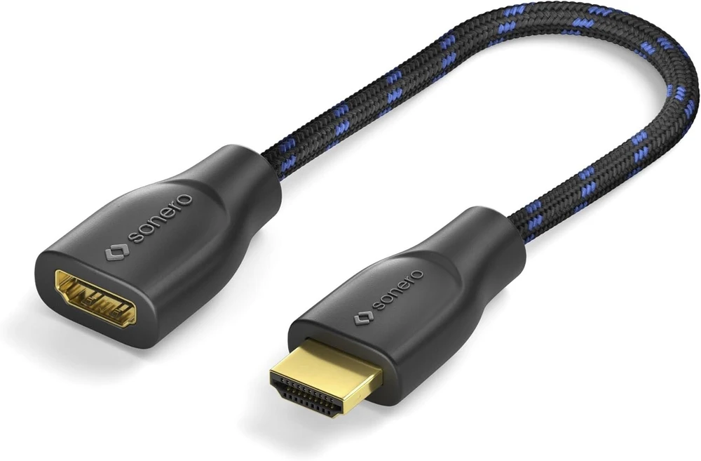 Sonero® 4k hdmi portsaver adapteris, premium high speed, hdmi a kištukas į hdmi a lizdą, paauksuoti kontaktai, dvigubas ekranavimas, medvilninis apvalkalas, 0,15 m