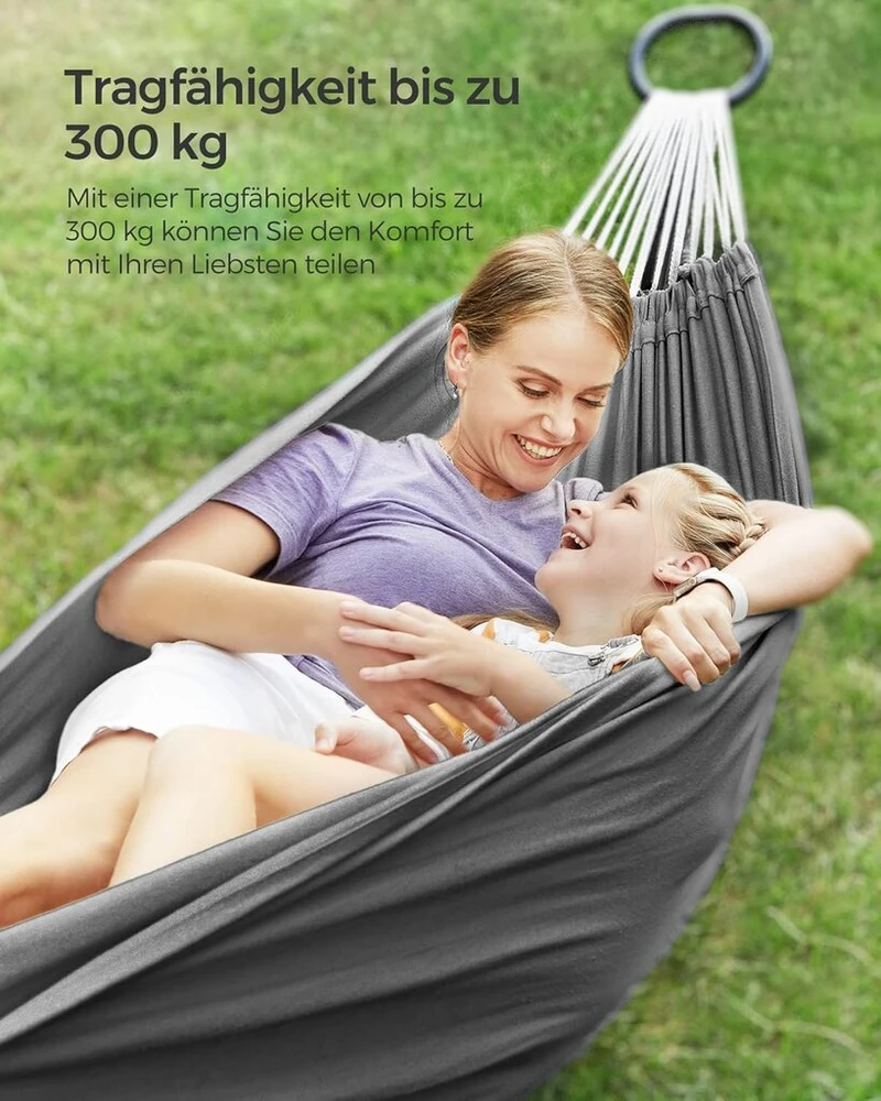 Songmics hamakas 2 asmenims 210 x 150 cm maksimali apkrova 300 kg terasai, balkonui, sodui, laukui, su nešiojimo krepšiu, tvirtinimo dirželiais ir karabinu