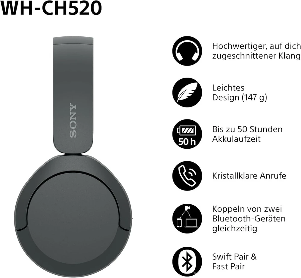 Sony Wh-ch520 belaidės Bluetooth ausinės – iki 50 valandų baterijos veikimo laikas su greito įkrovimo funkcija, ant ausų dedamas modelis – juodos spalvos