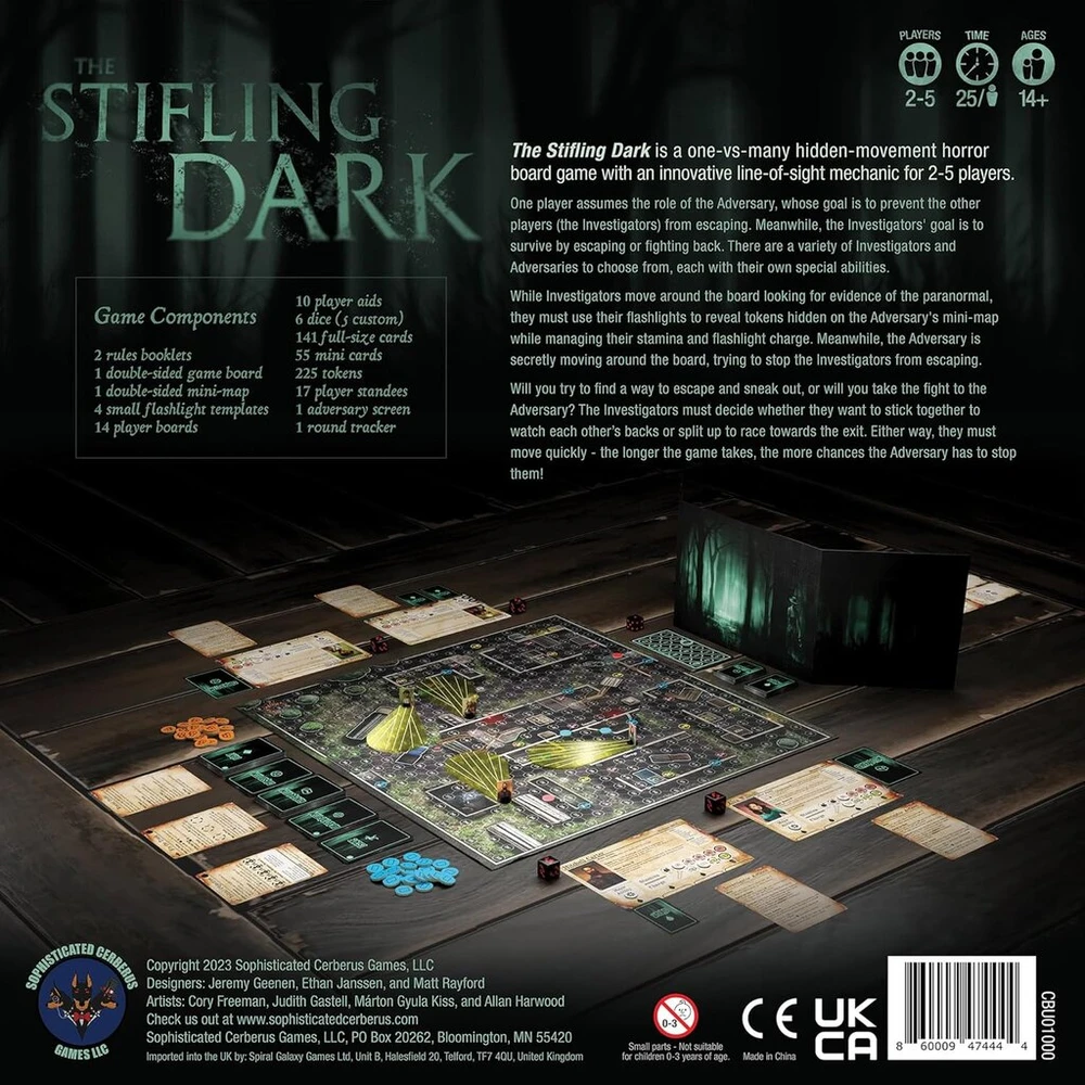 Sophisticated Cerberus Games: The Stifling Dark - pagrindinis žaidimas, siaubo strateginis stalo žaidimas, vienas prieš daugelį, slaptas judėjimas, išgyvenimas, nuo 14 metų, 2-5 žaidėjai