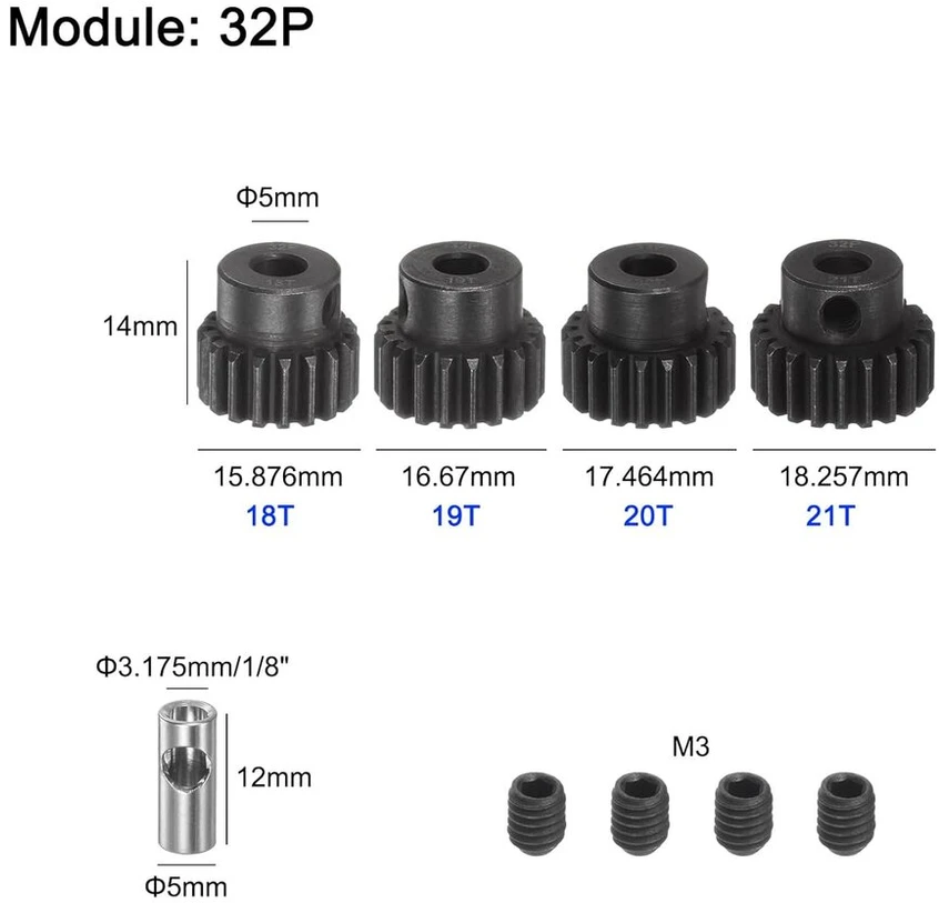 Sourcing map 32p žvaigždutės rinkinys 5 mm velenas 18t 19t 20t 21t grūdinto plieno variklio žvaigždutė su 3,17 mm sankaba Rc automobiliui (4 vnt.)