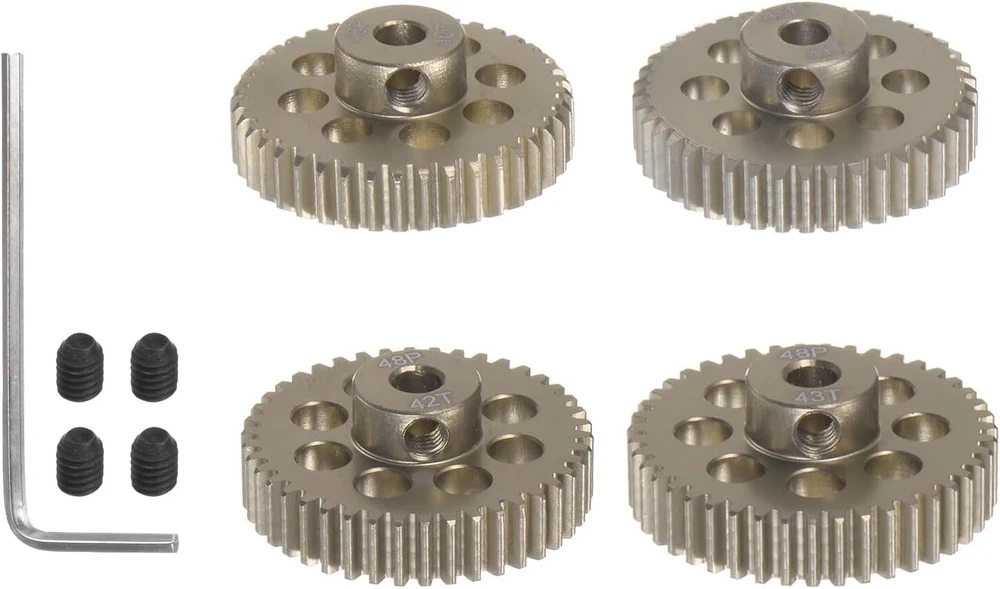 Sourcing map 48p grūdinto plieno krumpliaračio variklio pavarų komplektas 4 vnt. 40t 41t 42t 43t tinka 1/8" rc variklio velenui, 48 žingsnio 7075 aliuminio pavaros rc automobiliams su šešiabriauniu raktu