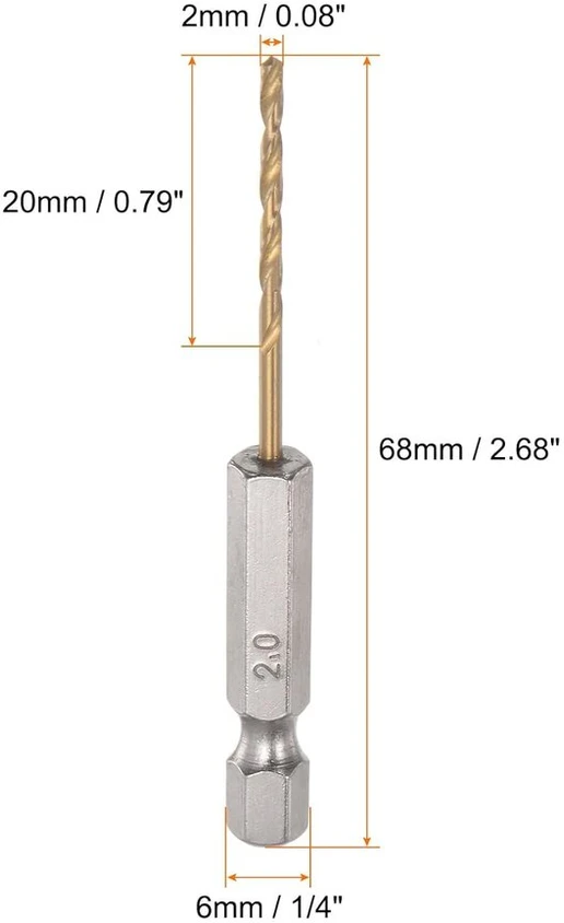 Sourcing map 5 vnt. 1/4 colio šešiakampio koto grąžtai 2 mm titano grąžtų rinkinys M35 greitapjovis plieno sukamasis grąžtas 68 mm ilgio visiškai įžemintas skirtas medžiui nerūdijančiam plienui metalui plastikui
