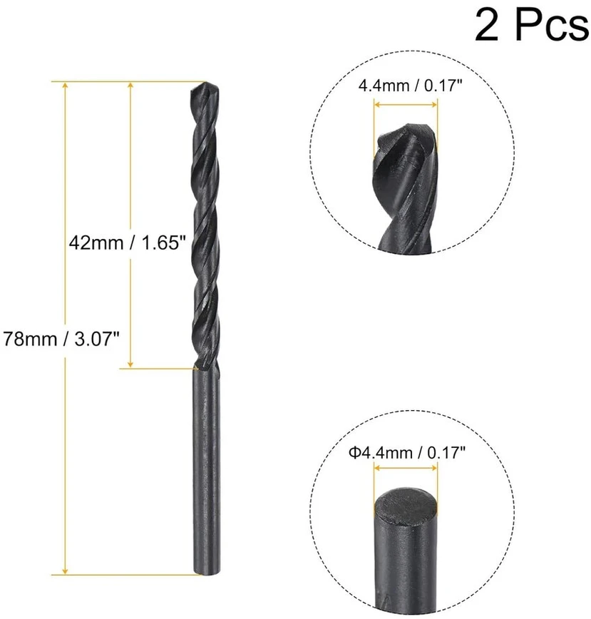 Sourcing map 6542 greitapjovio plieno spiralinis grąžtas su pilnu pagrindu, padengtas juoduoju oksidu, grąžtas 4,4 mm, 78 mm, 2 vnt.