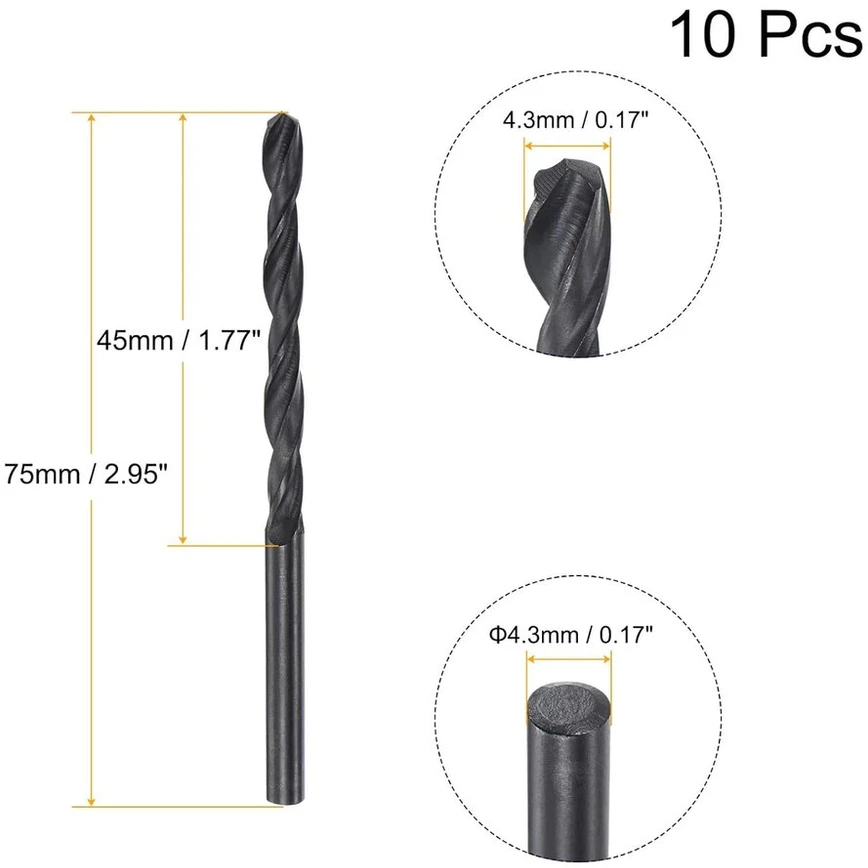 Sourcing map 6542 greitapjovio plieno spiralinis grąžtas su pilnu pagrindu, padengtas juodu oksidu, 4,3 mm, 75 mm, 10 vnt.