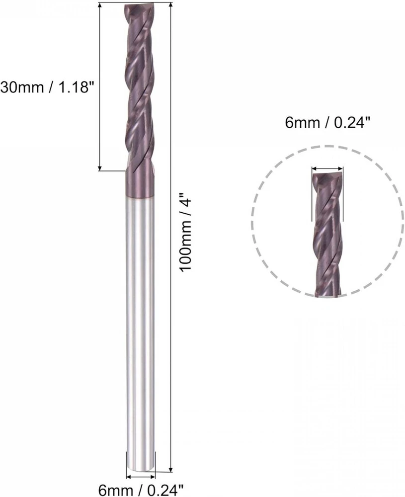 Sourcing map galinis frezos antgalis kvadratine galvute 6 mm skersmens, kietmetalio Altin danga, cnc frezavimo įrankis, 2 spiralinės briaunos, hrc55, su 6 mm kotu, 100 mm (4 col.) ilgio