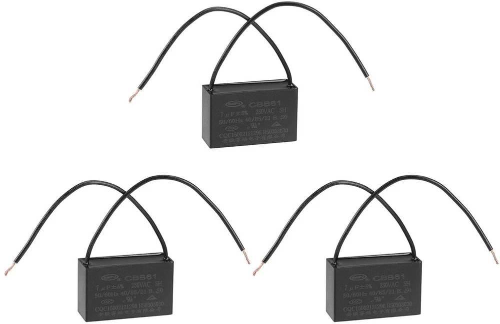 Sourcing map kondensatorius lubų ventiliatoriui Cbb61 7uf 250v ac 2 laidai metalinis polipropileno plėvelės kondensatorius 47 x 29 x 18 mm elektrinio ventiliatoriaus siurblio variklio generatoriui, 3 vnt.