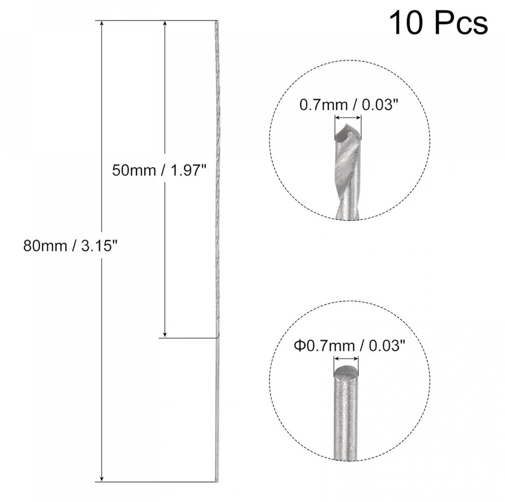 Sourcing map mini mikro grąžtai 0.7 mm greitapjovio plieno tiesiu kotu ypač ilgi metalo grąžtai 80 mm aliuminio lydiniui, 10 vnt.