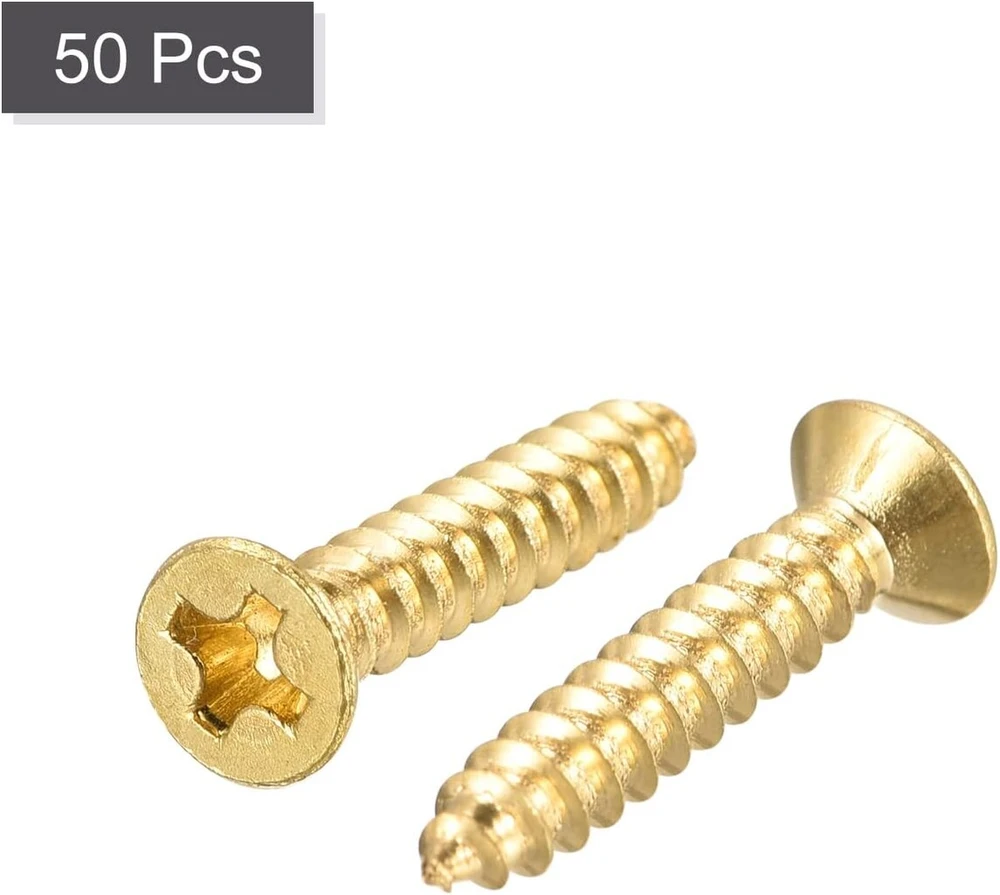Sourcing map pakuotė 50 žalvarinių medvaržčių, m3 x 16 mm Phillips plokščia galvutė, savaime įsisriegiantis jungtis durims, spintelėms, mediniams baldams