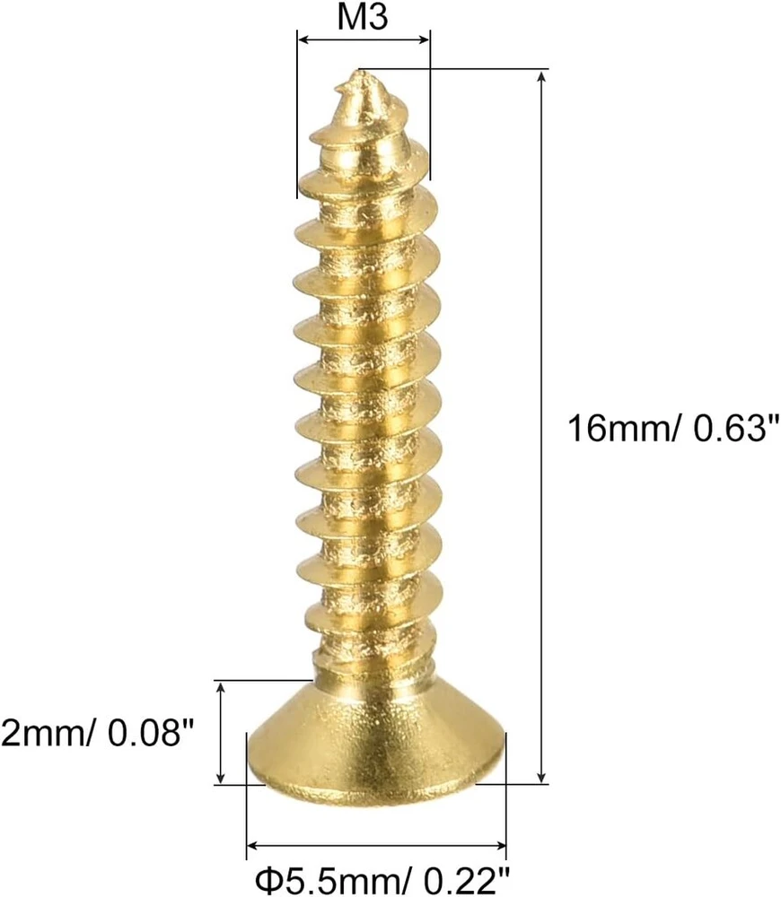 Sourcing map pakuotė 50 žalvarinių medvaržčių, m3 x 16 mm Phillips plokščia galvutė, savaime įsisriegiantis jungtis durims, spintelėms, mediniams baldams