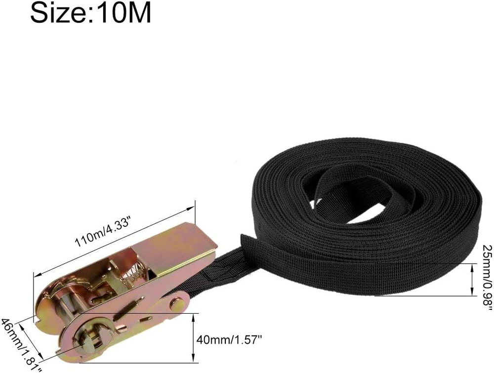 Sourcing map Ratchet Lashing Strap surišimo diržas surišimo diržas 10 m x 25 mm 250 kg keliamoji galia polipropilenas transporto kroviniams juodas 2 vnt.