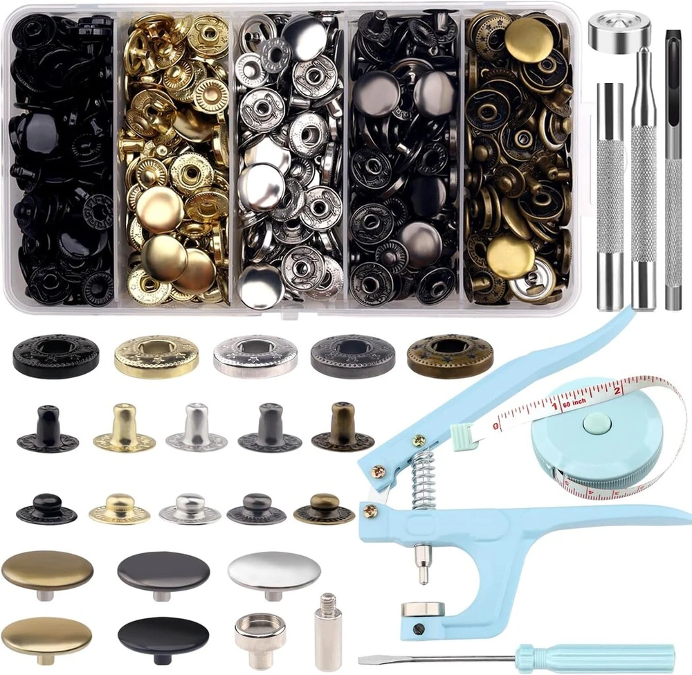 Spaudžių rinkinys su replėmis, spaudės, spaudės 512 rinkinys, spaudės 15 mm, 5 spalvų spaudės su pagrindu