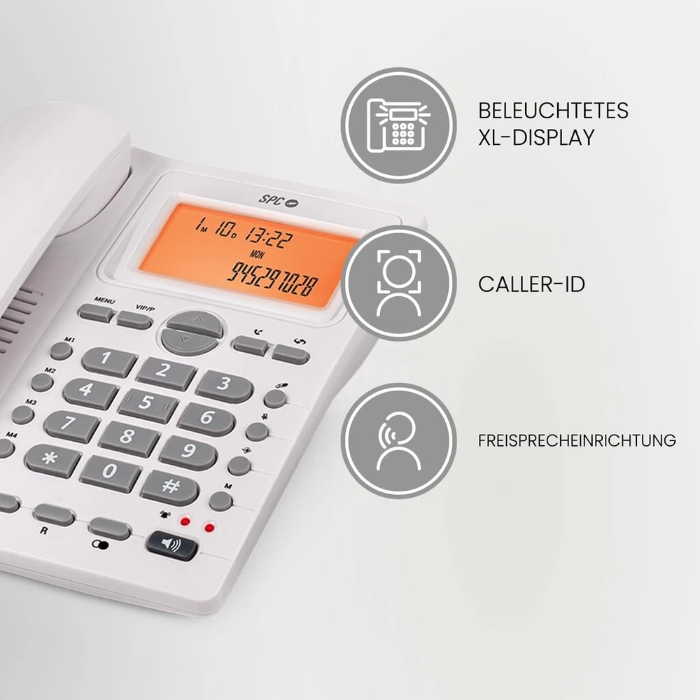Spc Office Id 2 - laidinis telefonas su apšviestu ekranu, 4 tiesioginiai ir 10 netiesioginių atminties numerių, 2 skambučio lygiai, skambintojo id, šviesos signalas, laisvų rankų funkcija, montuojamas ant stalo arba sienos - baltas