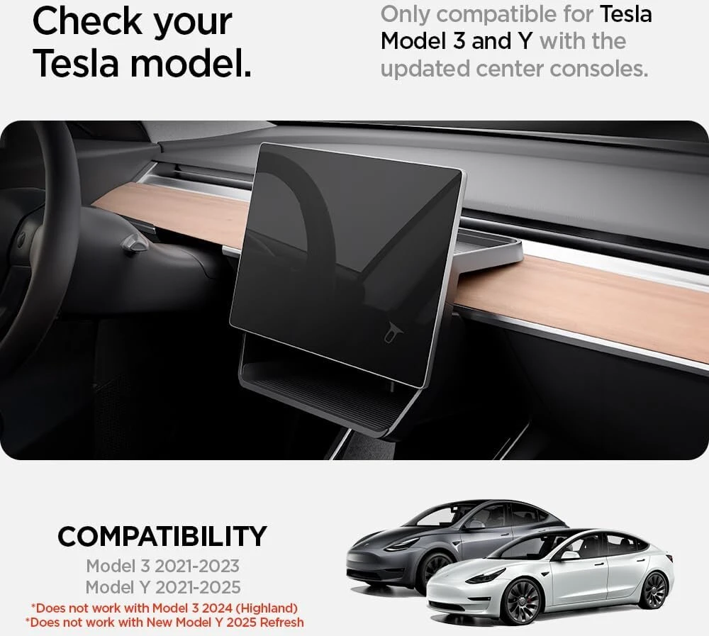 Spigen Tesla Model Y (~2024) ir Model 3 (2021-2023) dėžutė daiktams po ekranu, planšetinio kompiuterio laikiklis, skirta Tesla Model Y ir 3 priedams