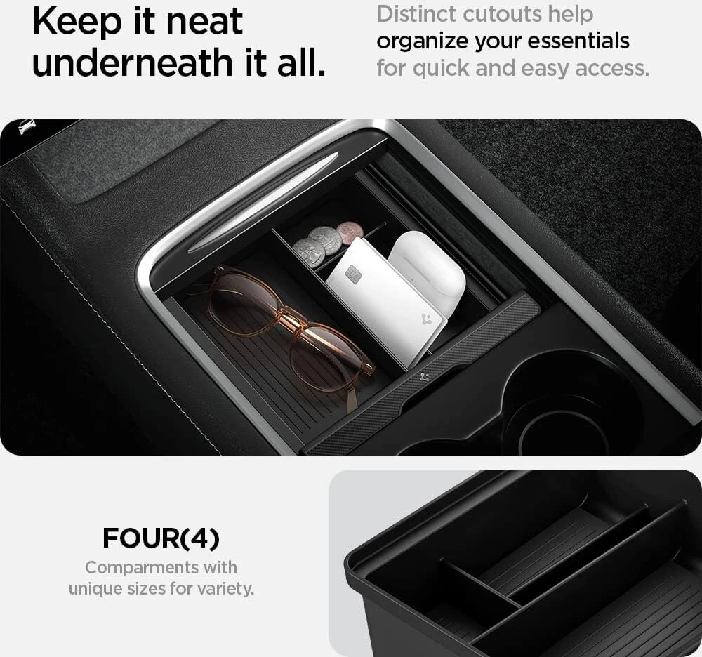 Spigen Tesla Model Y (~2024) Model 3 (2021-2023) centrinės konsolės organizeris porankio atramos priedai, skirti Tesla Model Y (~2024) ir Model 3 2021-2023 su Smooth Slide technologija - Carbon Edition