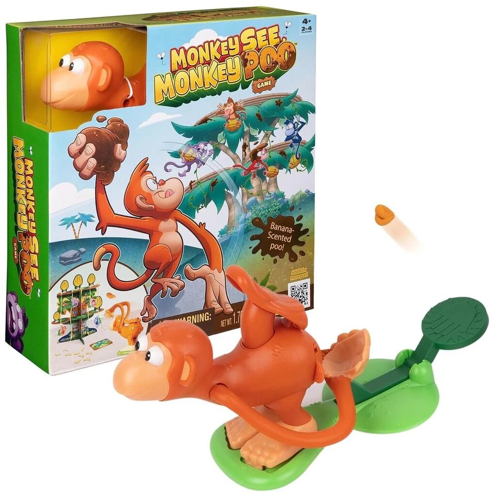 Spin Master Monkey See Monkey Poo vaikiškas žaidimas su bananų kvapu, netikromis išmatomis, juokingi žaidimai, sensorinis žaislas, šeimos žaidimai, juokingos dovanos ikimokyklinio amžiaus vaikams nuo 4 metų