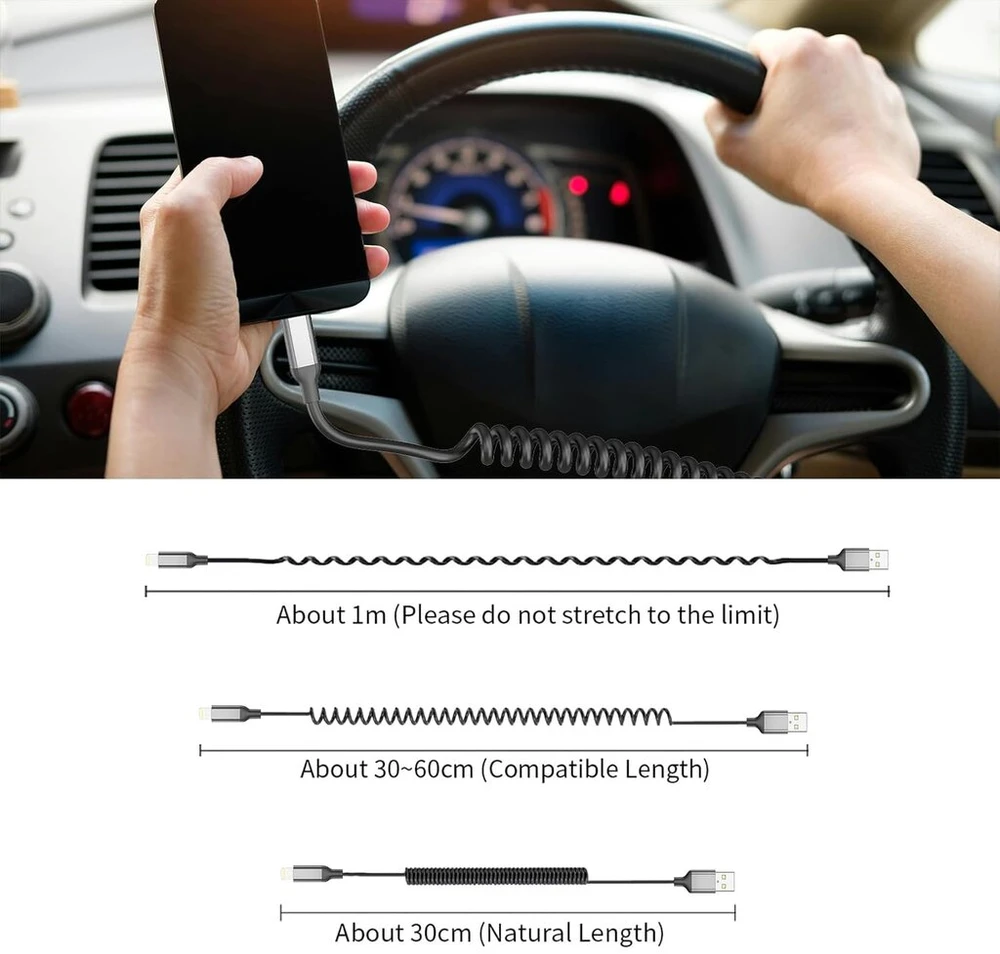 Spiralinis usb a į lightning kabelis trumpas, 2 vnt. mfi sertifikuotas usb iphone įkrovimo kabelis automobiliui, carplay kabelis su duomenų sinchronizavimu, skirtas iphone 14 13 12 11 pro max x xs xr 8 7 6 plus se, juodas/pilkas