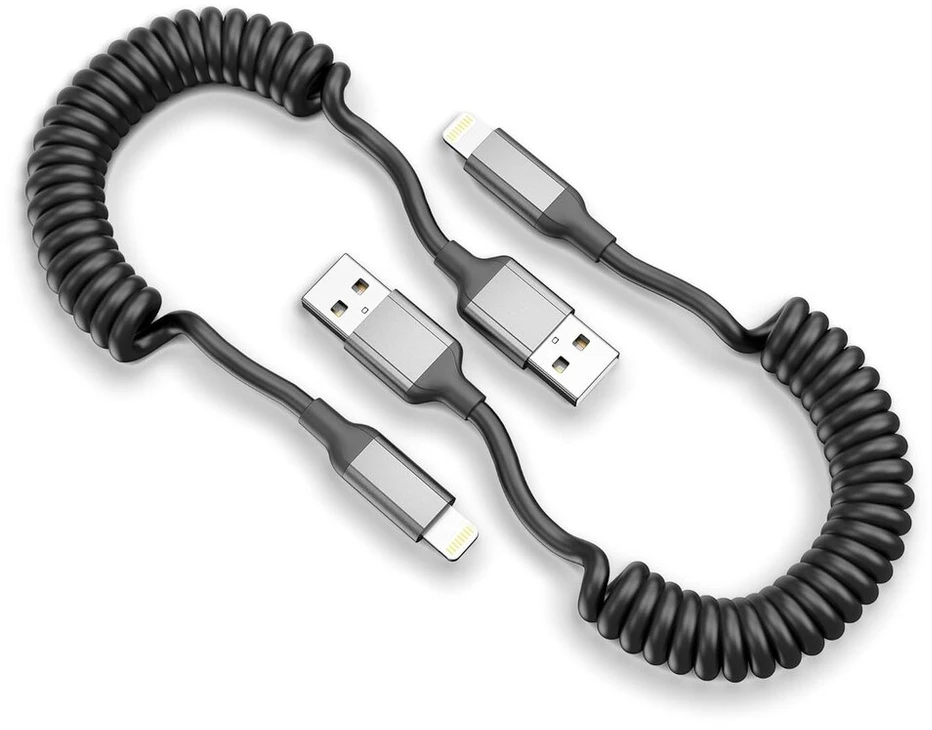 Spiralinis usb a į lightning kabelis trumpas, 2 vnt. mfi sertifikuotas usb iphone įkrovimo kabelis automobiliui, carplay kabelis su duomenų sinchronizavimu, skirtas iphone 14 13 12 11 pro max x xs xr 8 7 6 plus se, juodas/pilkas