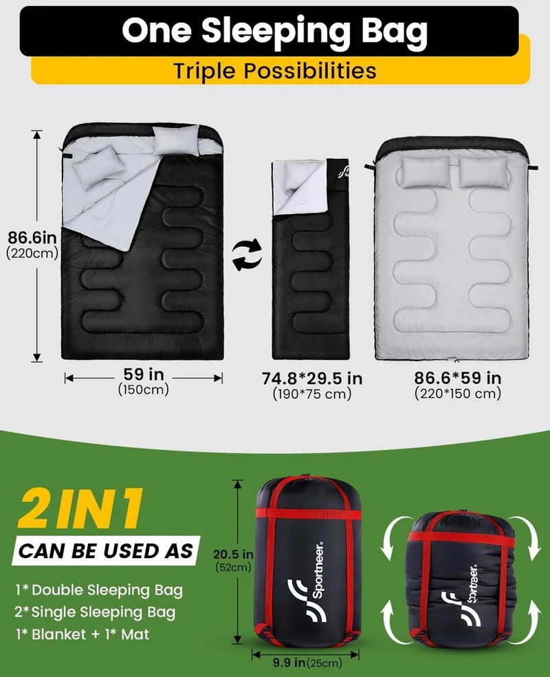 Sportneer lauko miegmaišis 2 asmenims dvigubas miegmaišis 220 x 150 cm, 3,5kg su 2 pagalvėmis, keturi dvigubi užtrauktukai, suaugusiųjų antklodės miegmaišis šeimai