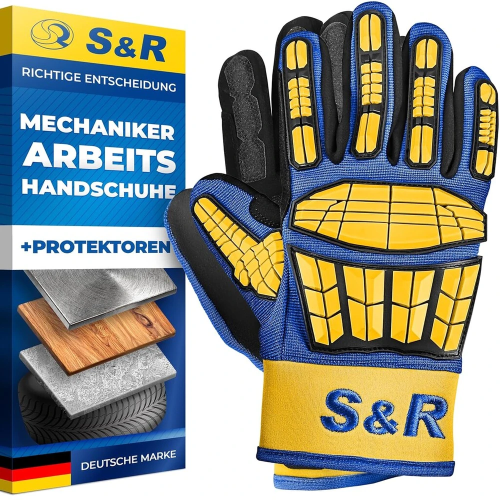 S&r Mechaninės pirštinės su lanksčiomis apsaugomis, dydis 10, 1 pora darbo pirštinių automobiliams, metalui, statyboms, medienos apdirbimui, smūgius sugeriančios krumplių apsaugos, atsparios plyšimui