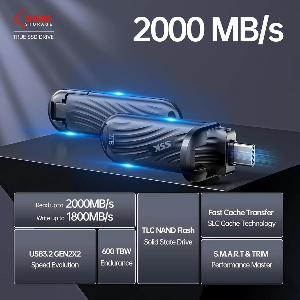 Ssk usb 2tb išorinis ssd iki 2000 mb/s, type-c išorinis kietasis diskas solid state drives usb 3.2 gen 2x2 atminties kortelė iphone15/16 pro prores mac/wtg/android, cinko lydinys