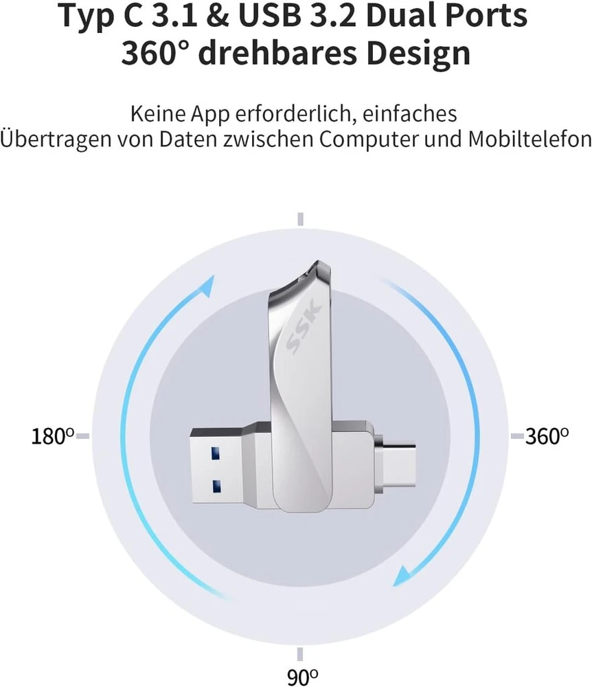 Ssk usb atmintinė 128 gb usb 3.2 atmintinė metalinė atmintinė dvigubos usb atmintinės usb-a ir type-c otg usb atmintinė vandeniui atspari duomenų saugykla iki 200 mb/s, itin talpi atmintinė duomenų saugyklai