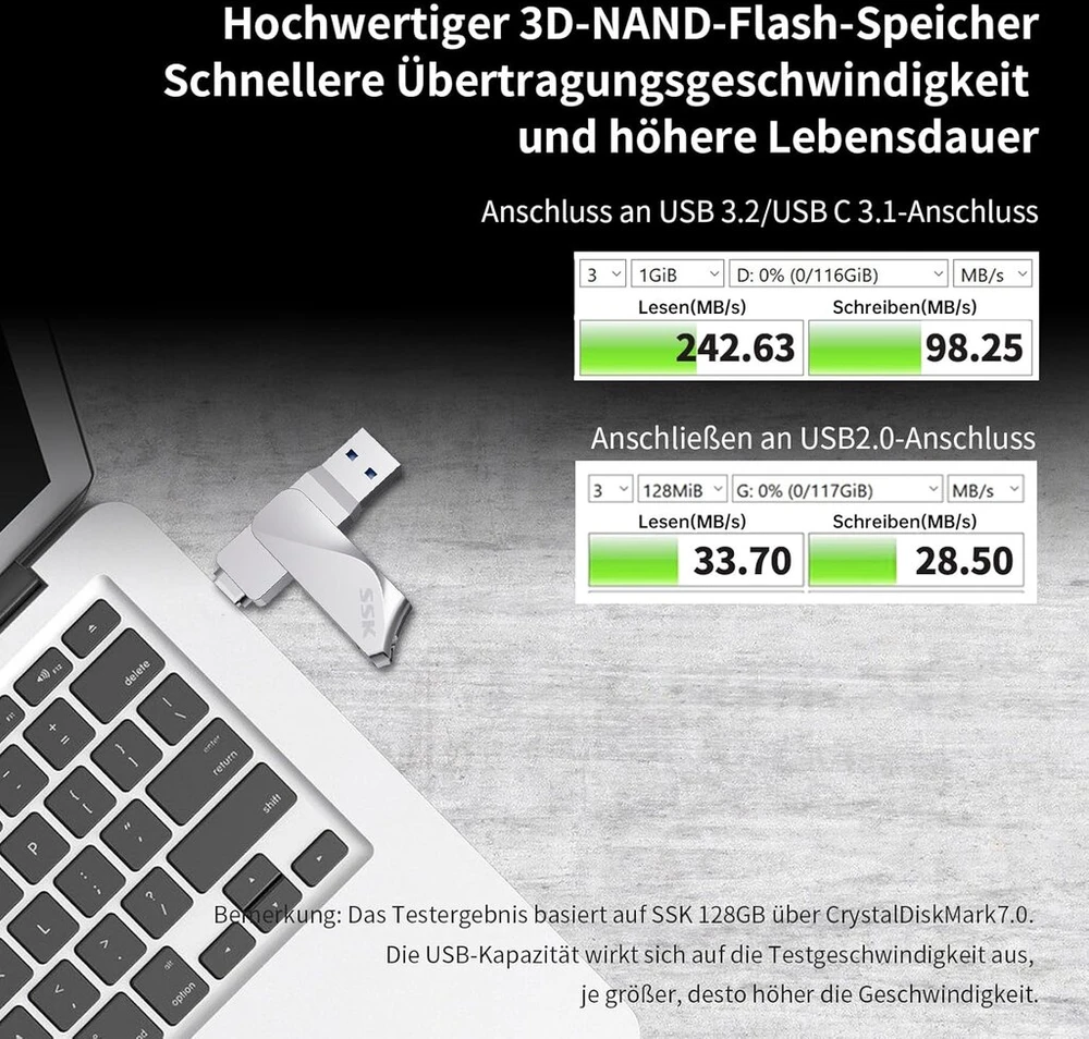 Ssk usb atmintinė 128 gb usb 3.2 atmintinė metalinė atmintinė dvigubos usb atmintinės usb-a ir type-c otg usb atmintinė vandeniui atspari duomenų saugykla iki 200 mb/s, itin talpi atmintinė duomenų saugyklai